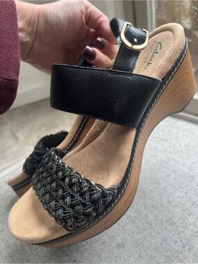Clarks Women's Black Genuine Suede Leather Woven Platform Wedges Sandal Heels